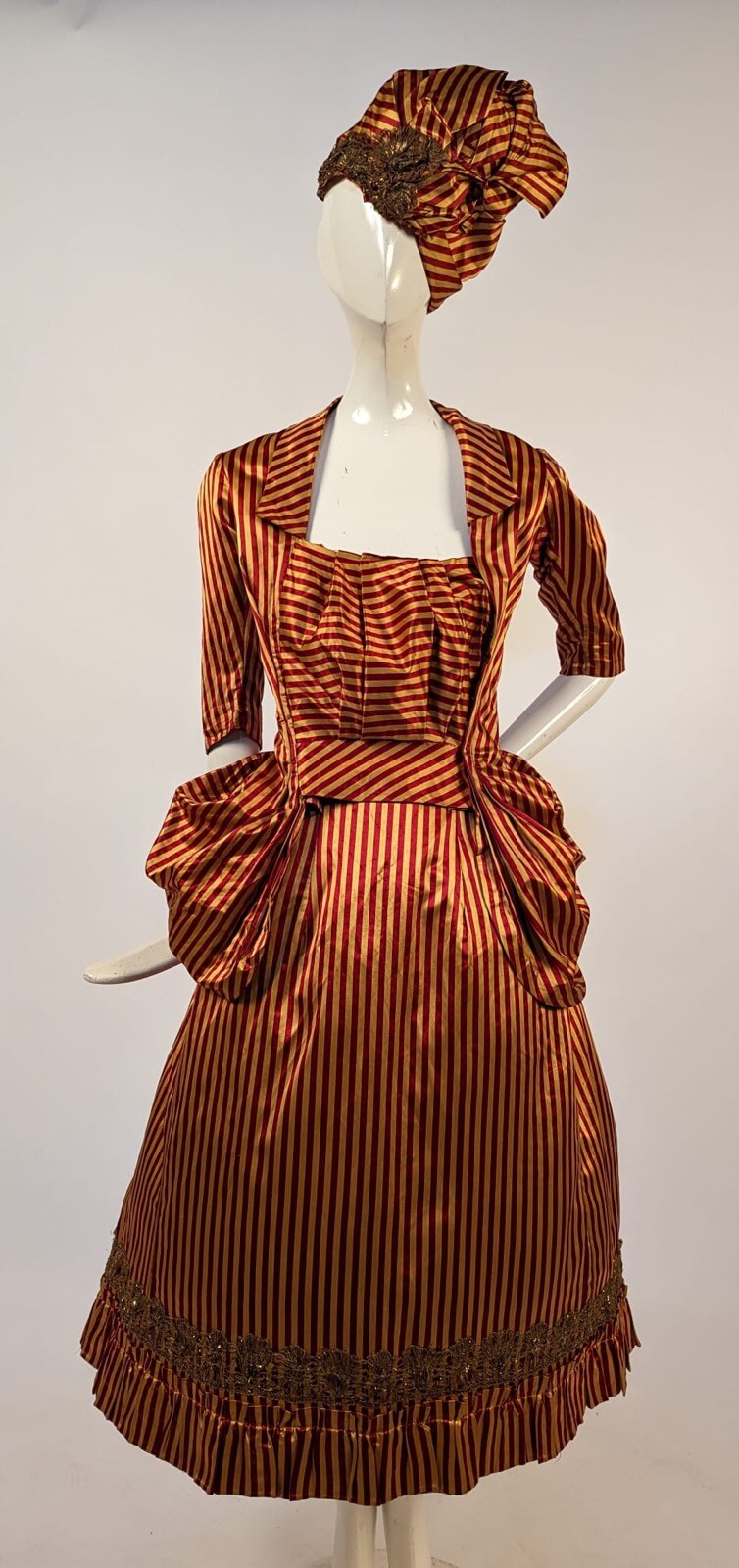 1880’S VICTORIAN FRENCH REVOLUTION BASTILLE DAY BUSTLE DRESS W TIPPED CAP
