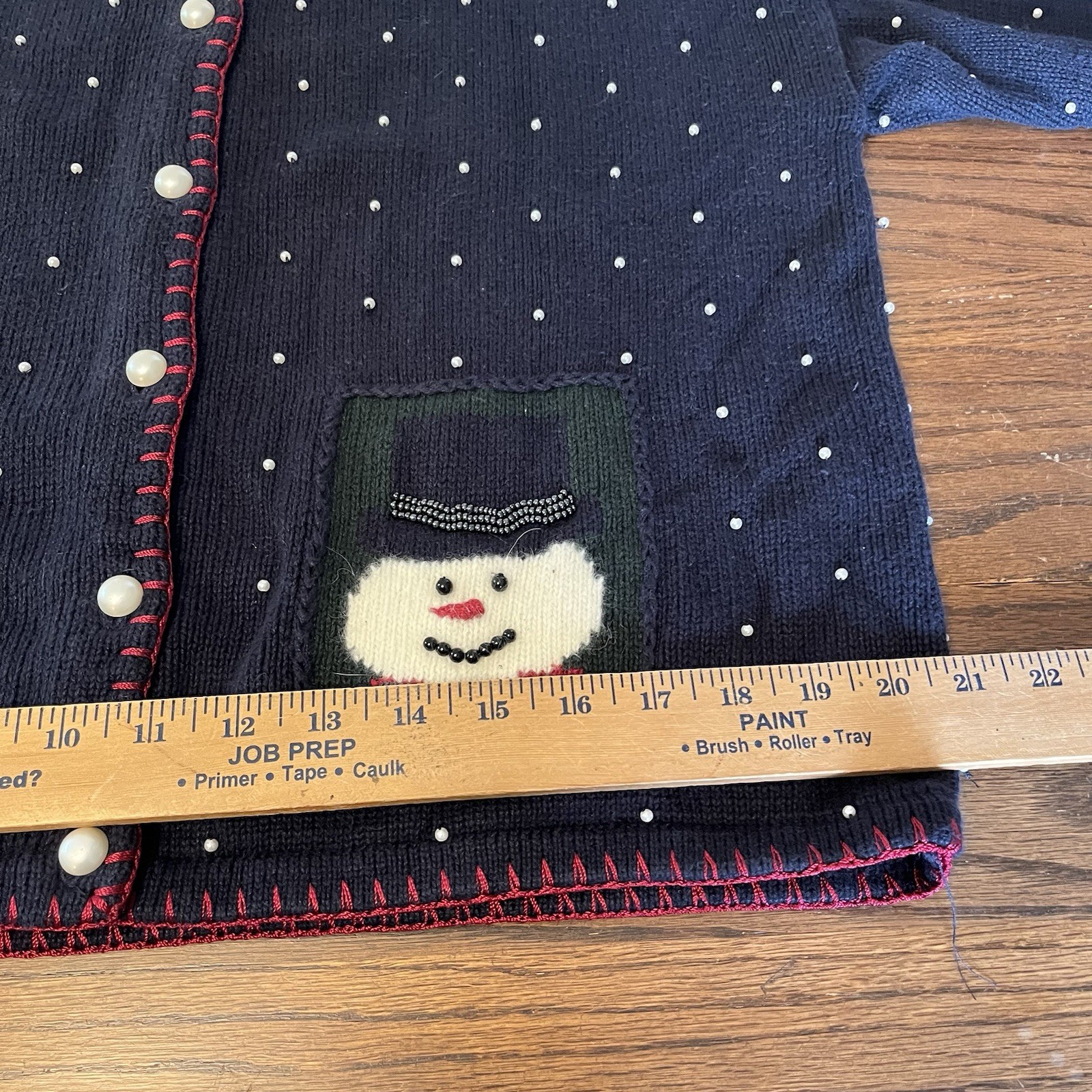 VTG Christopher & Banks Christmas Hand Embroidered Snowman Beaded Cardigan L