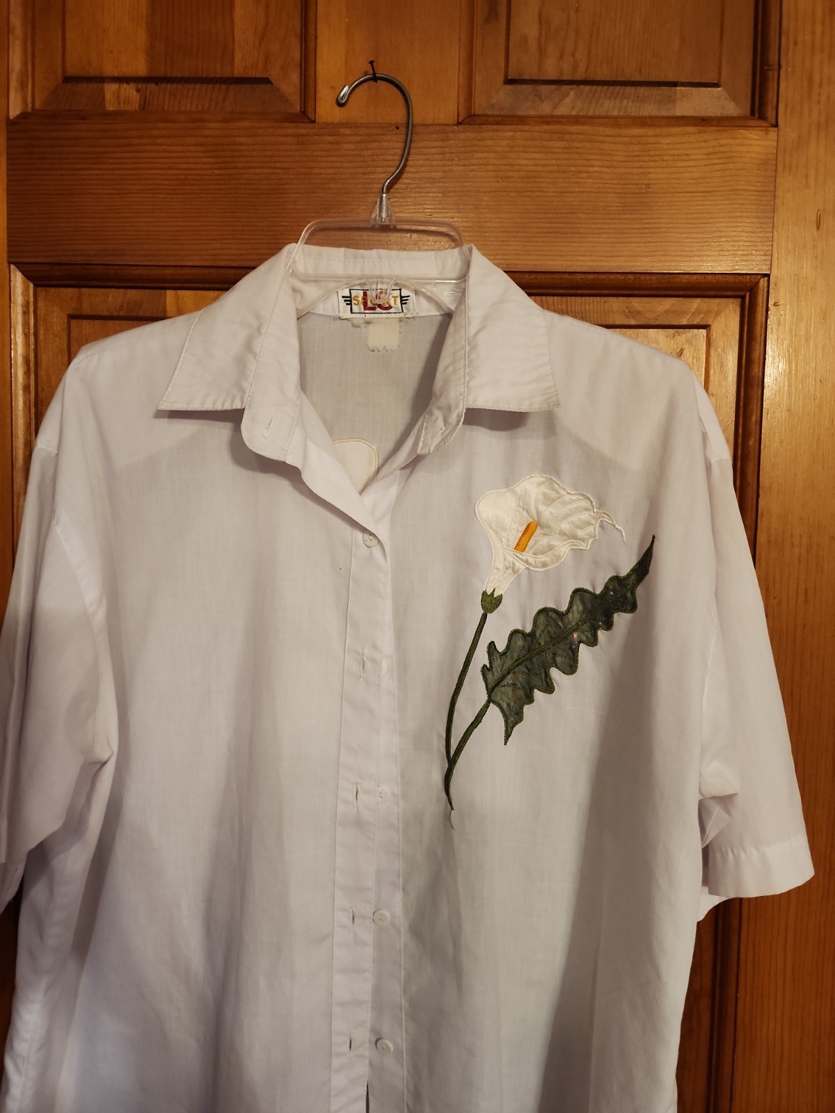 Vtg 80s White Cotton Blouse Short Sleeve Calla Lily Embroidered Shoulder Pads L