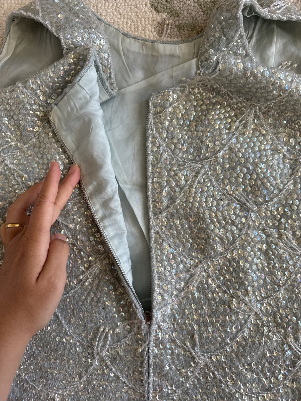 Pastel Blue Hand-beaded And Sequined Vintage Mid-19th Century Wool Top Size S/M