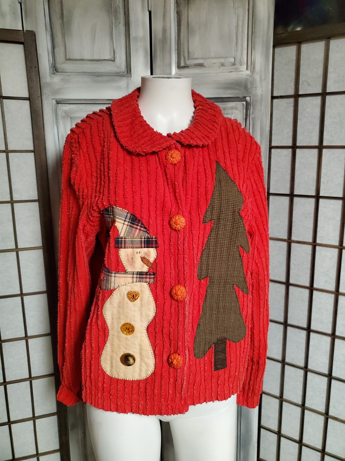 M-L vtg Applique Quilt Art Jacket Logo Club 80s 90s Chenille Cottage Blazer Coat