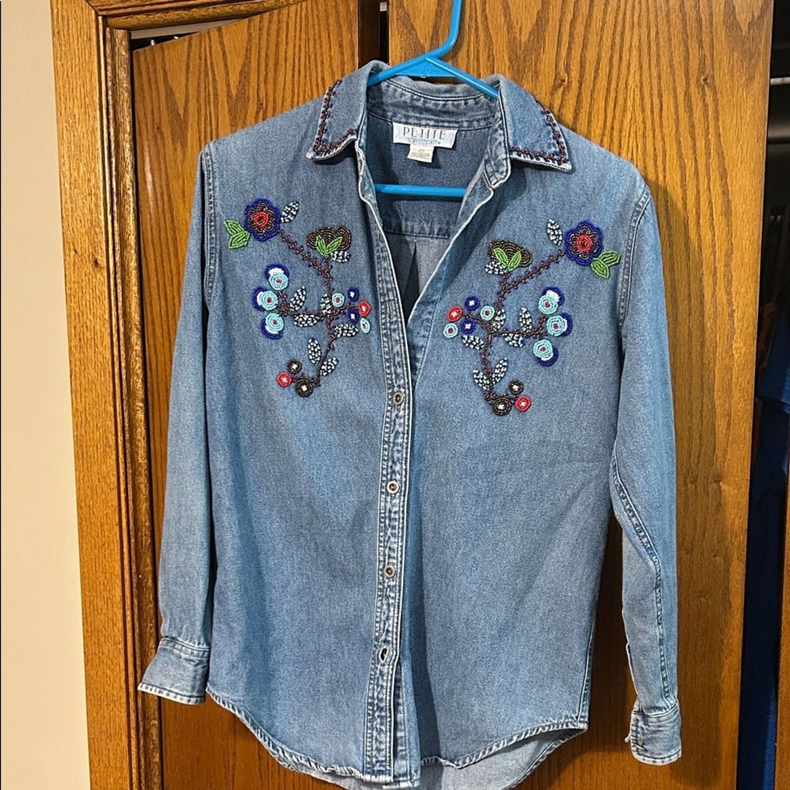 Vintage Petite Sophisticate Blue Embroidered/Beaded Blouse
