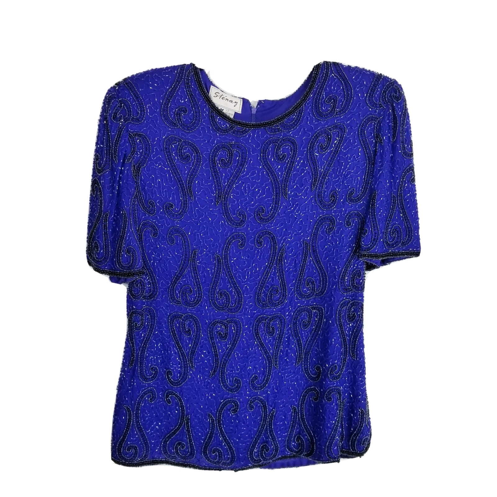 Stenay Medium beaded evening blouse Women royal blue short sleeve zip up vintage