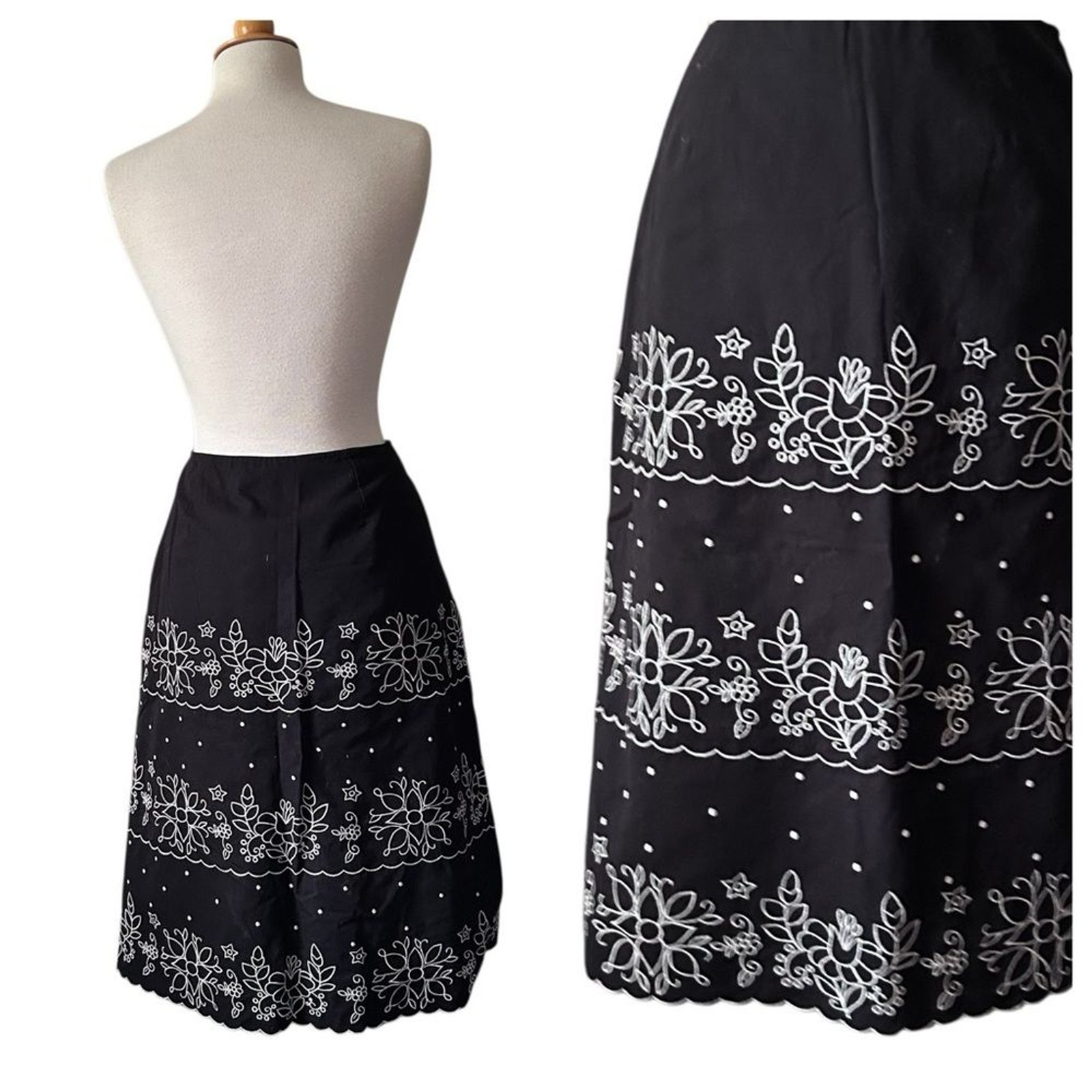 Harold’s Black White Embroidered Midi Skirt – Size 8