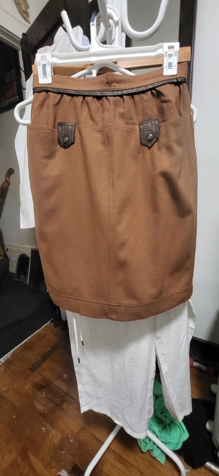 Vintage 1960&rsquo;s ? Americo Brown Wool & Faux Leather Trim Snap Down Skirt IT 42