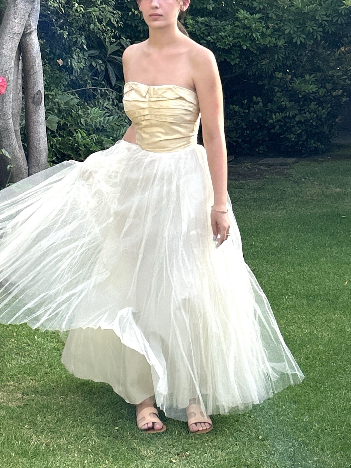 Vintage 50s S Strapless cotillion party Prom dress long Ivory Tulle