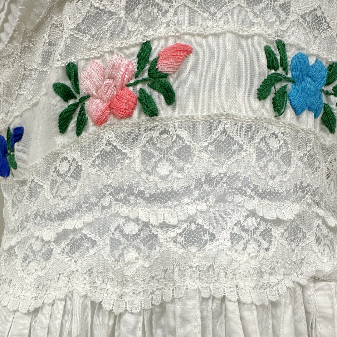 Vintage 1960s White Mexican Pintuck Floral Wedding Dress w Sheer Lace Detail