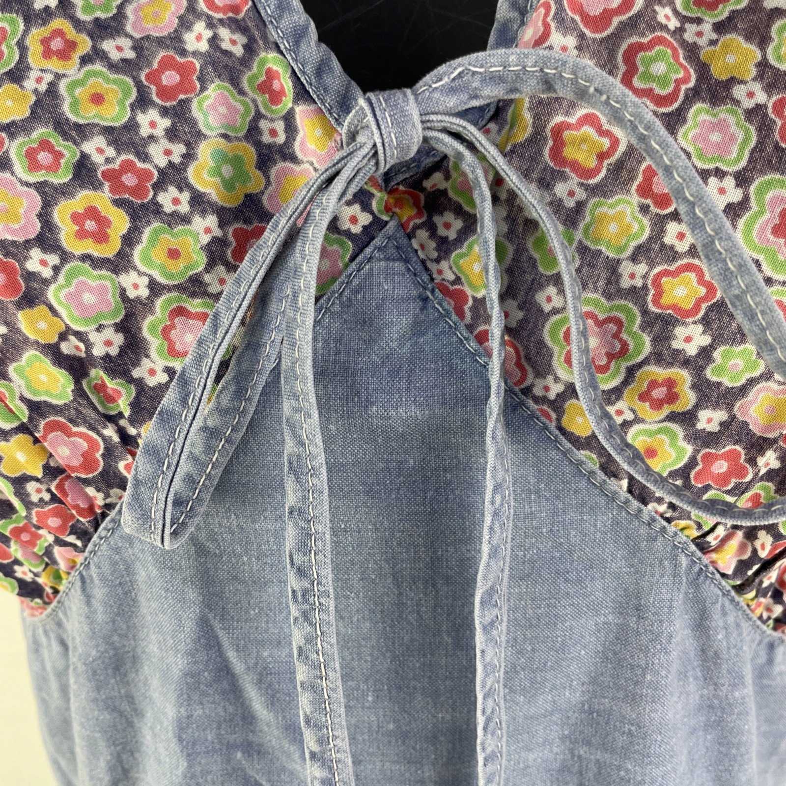 Vtg Prairie Cottagecore Chambray Calico Dress Size XS Cotton