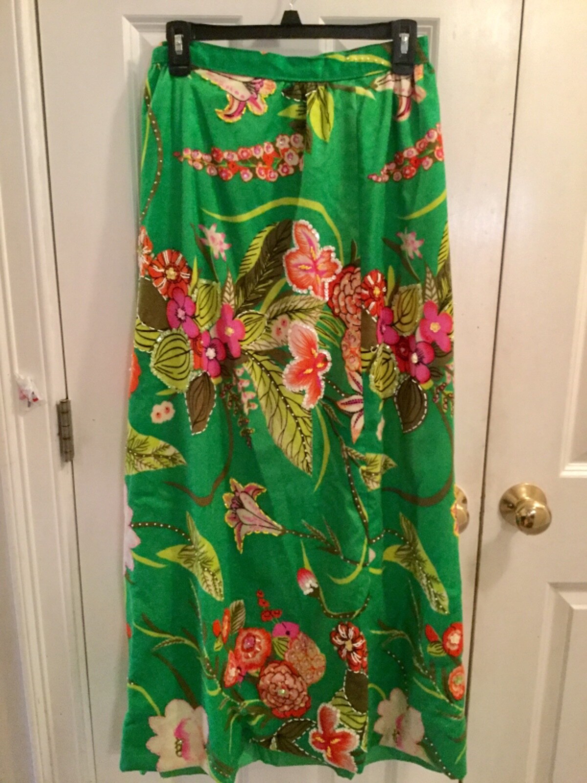 Jeri Jo Knitwear 1970&rsquo;s Vtg.GREEN Floral COLORFUL Beaded Sz. S LONG Skirt