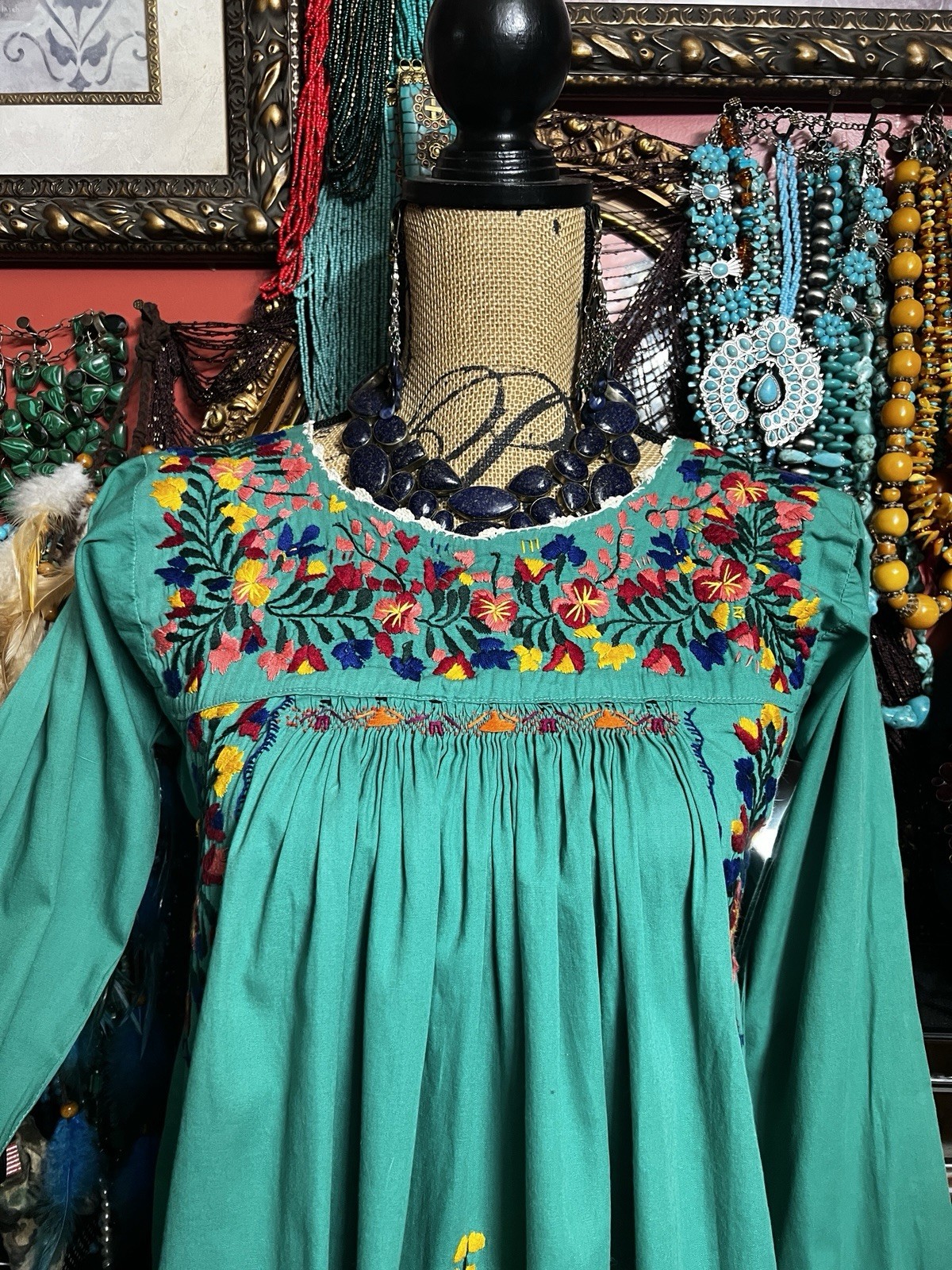Beautiful Green Mexican Oaxaca Dress In Long Sleeve Multi Color Embroidery M/L