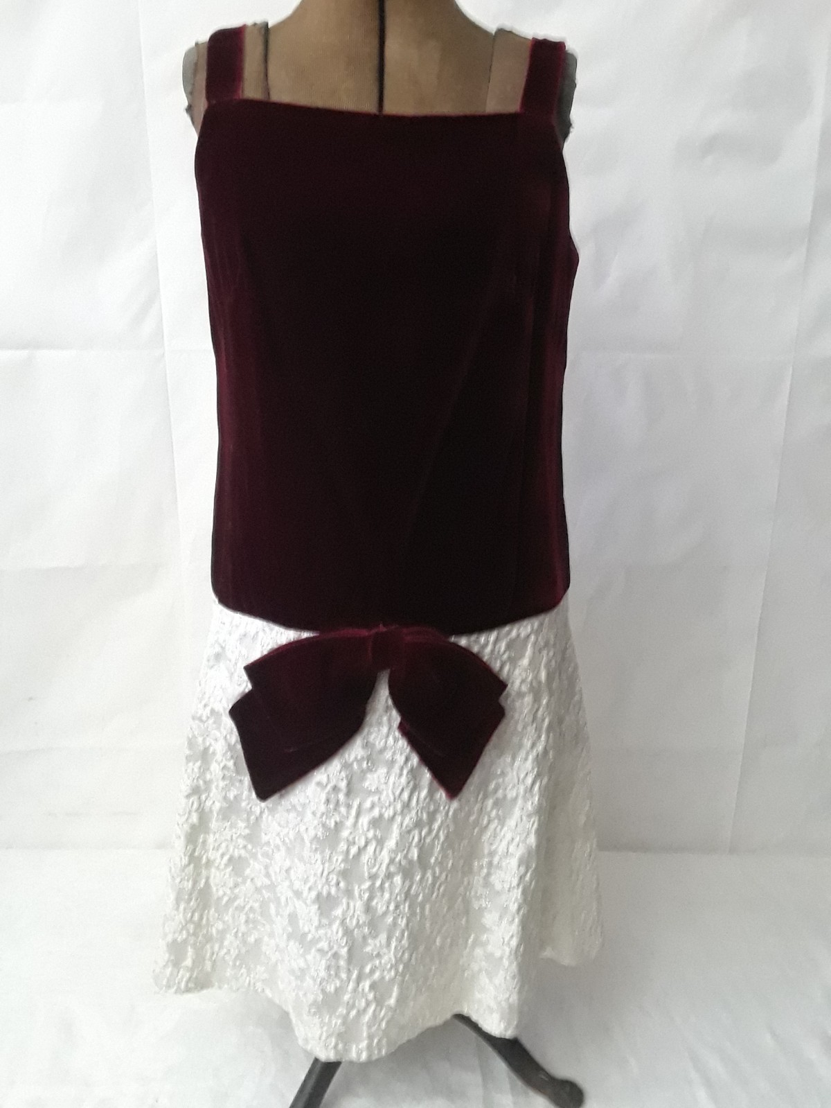 Junior Vintage Evening Dress Velvet and White Lace Small Low Waist with Bow