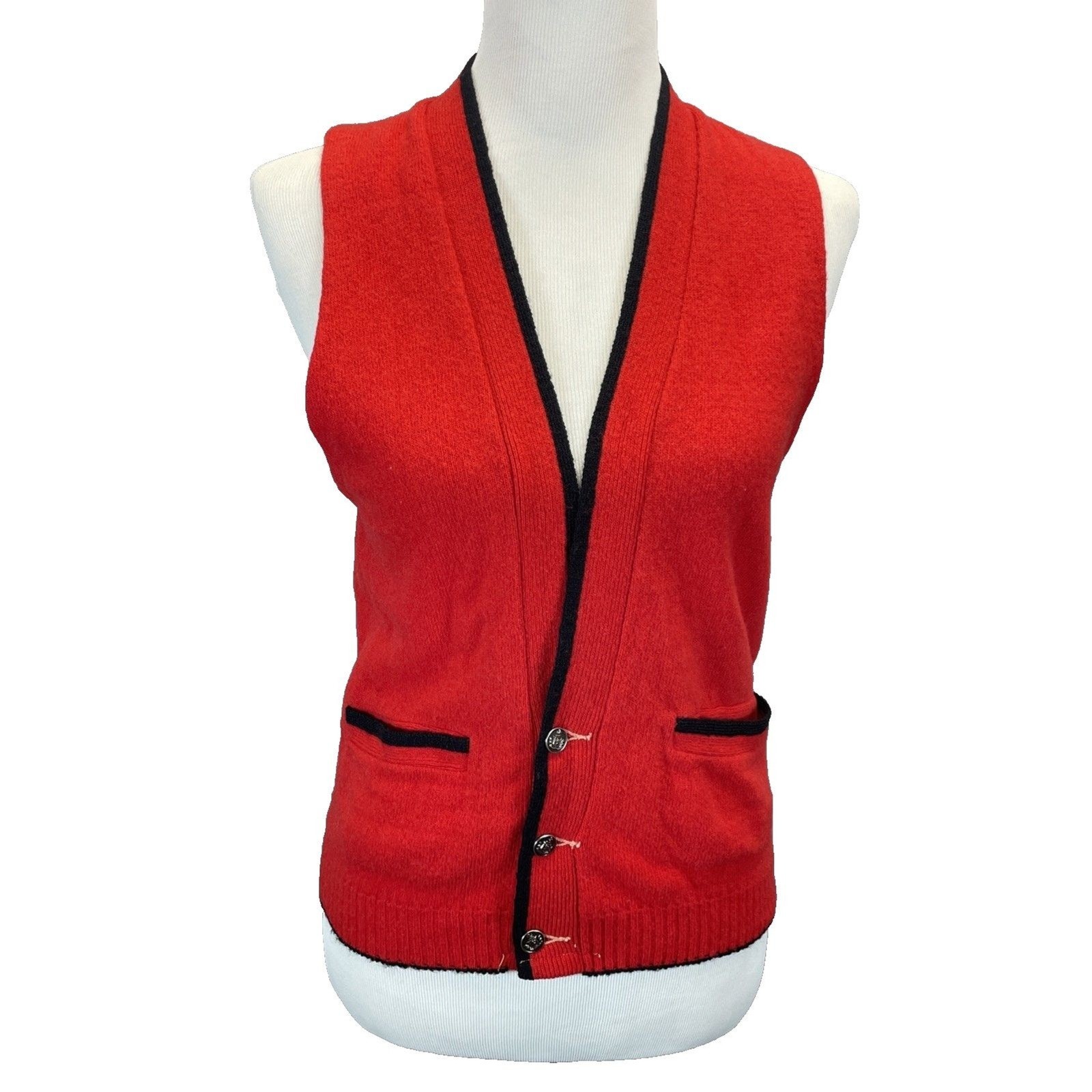 Vintage Australian Lamb&rsquo;s Wool Women&rsquo;s XS/SM Red Vest 32 in Bust Black Trim