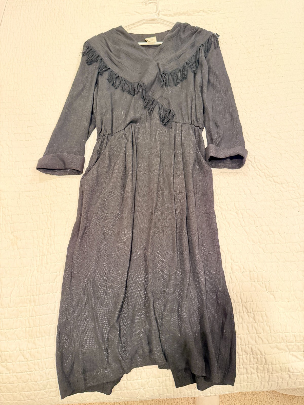 Vintage Kwai Dress Charcoal Gray Fringe Collar Textured Midi Made USA Size 8-10