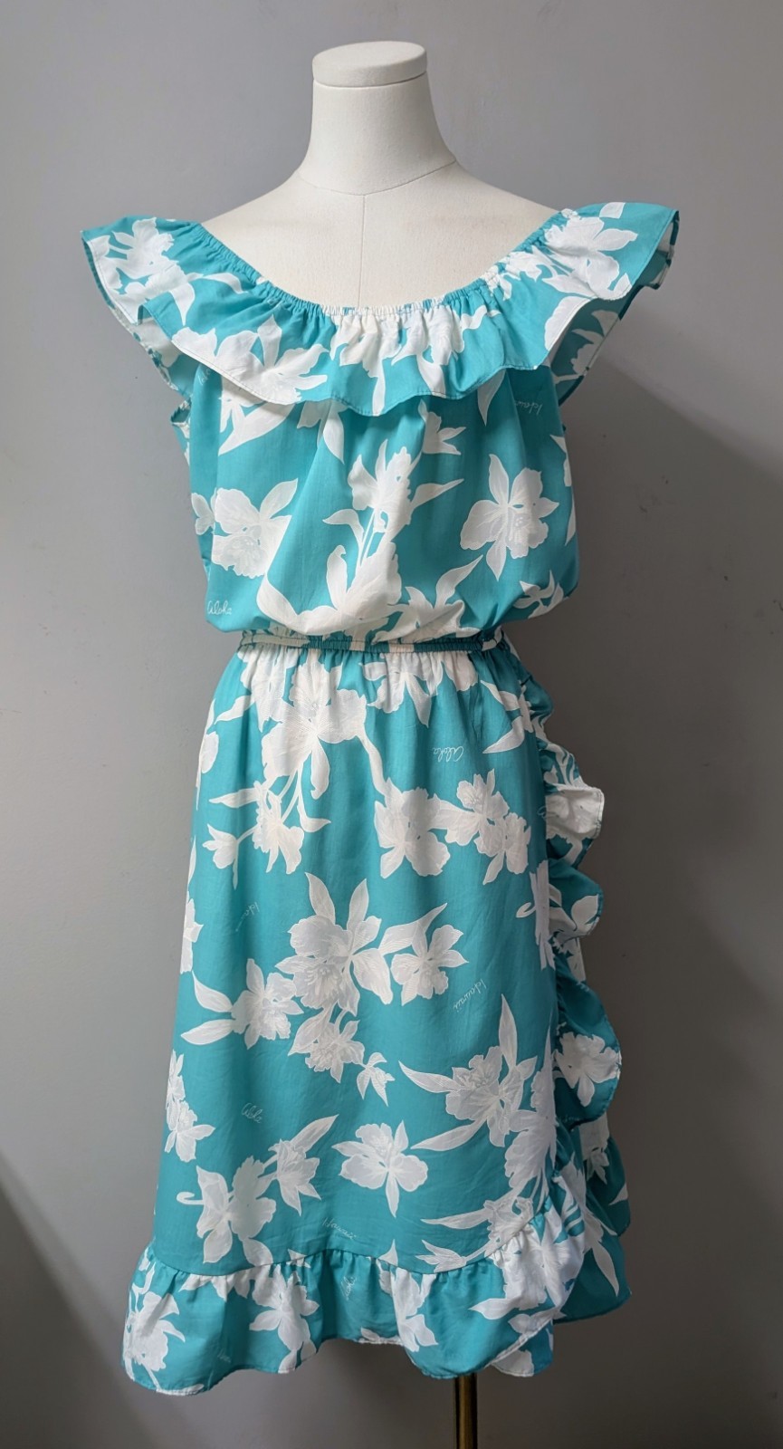 Vintage 70&rsquo;s Basically Hawaiian Aqua White Side Ruffle Dress Made In Hawaii M