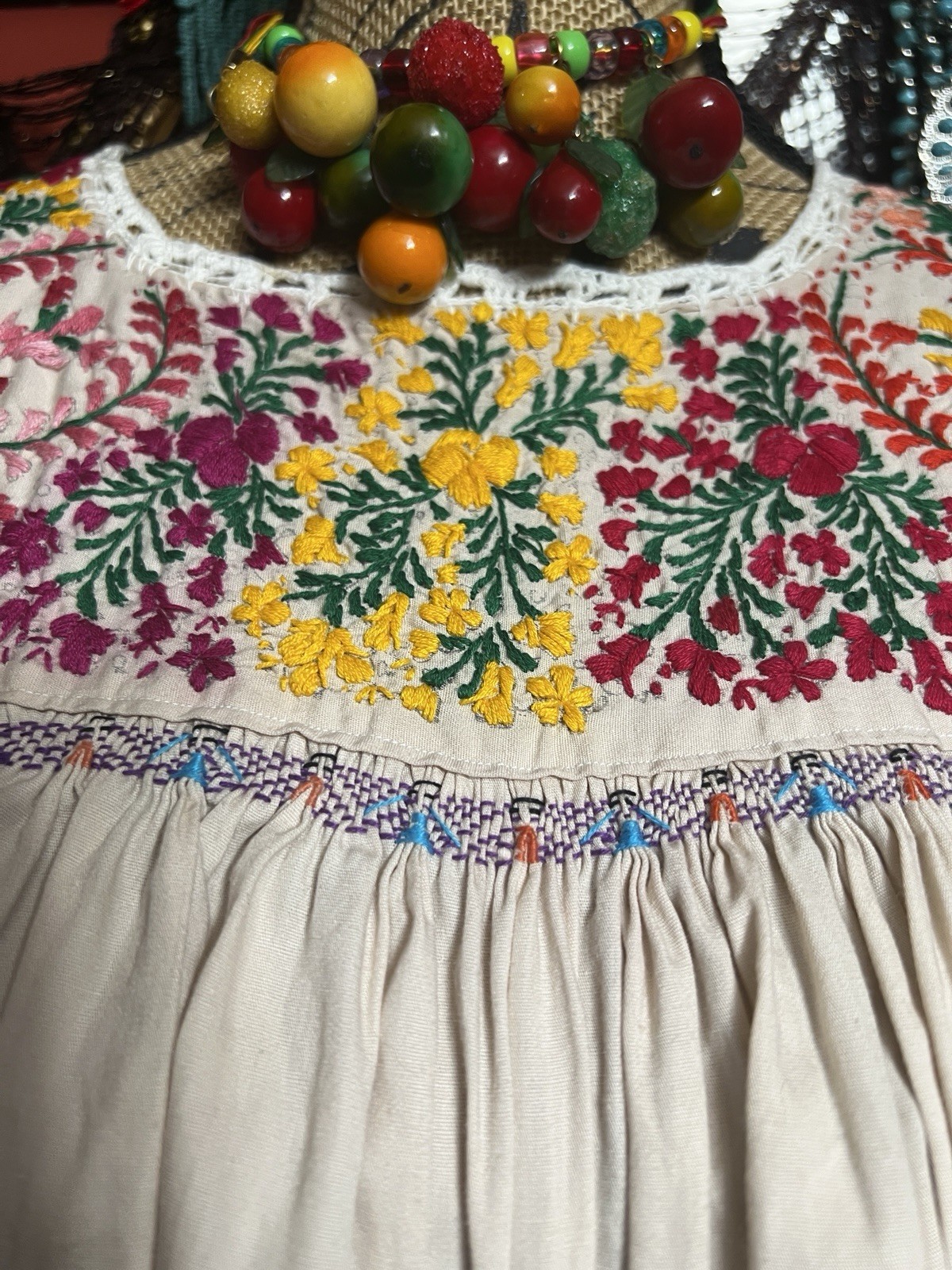 Beautiful Oaxaca Light Beige Dress In Cotton With Multi Color Embroidery M/L