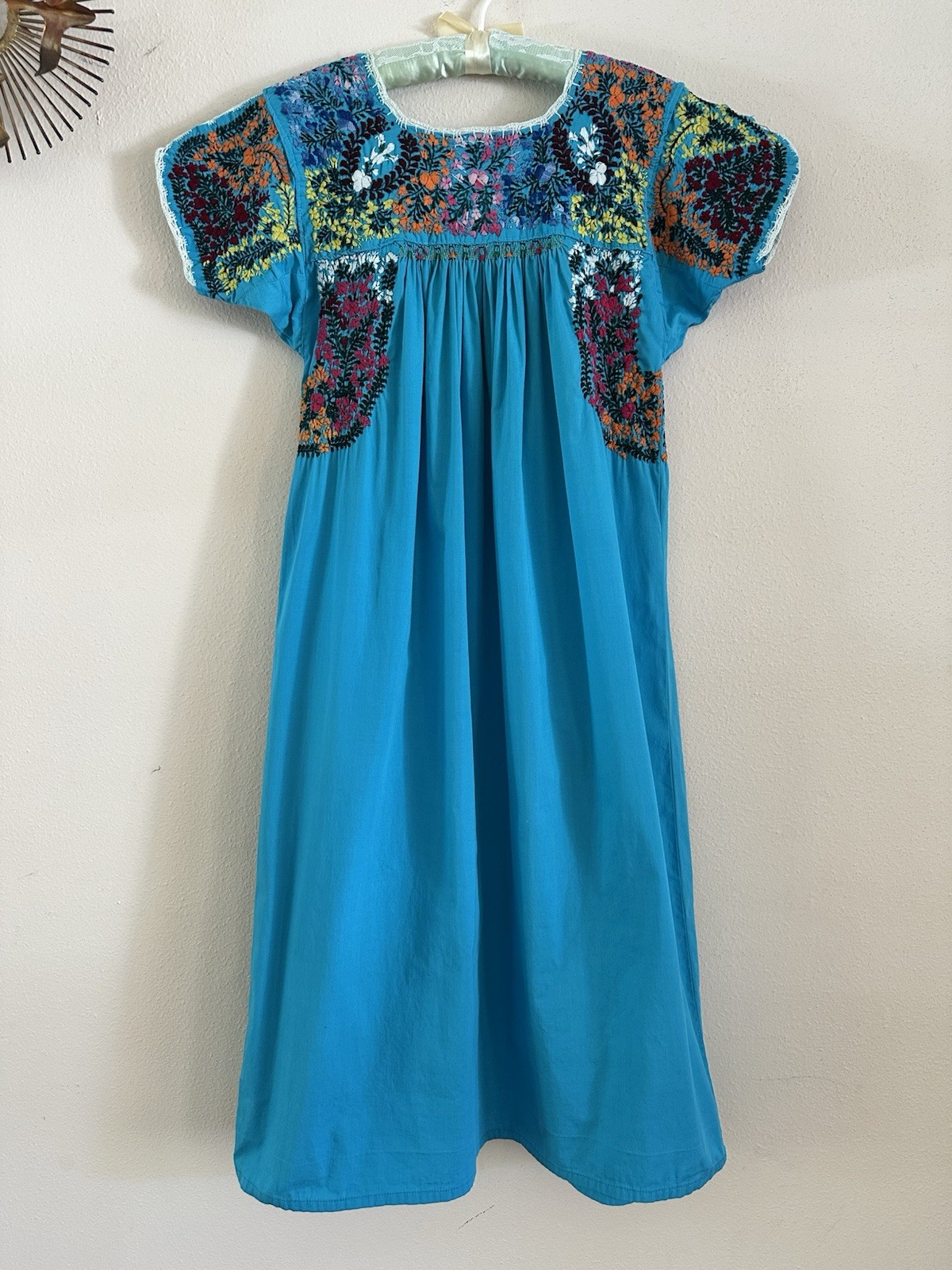 1970s San Antonino Oaxacan Huipil Dress Cotton Hand Embroidered Mexico S VTG