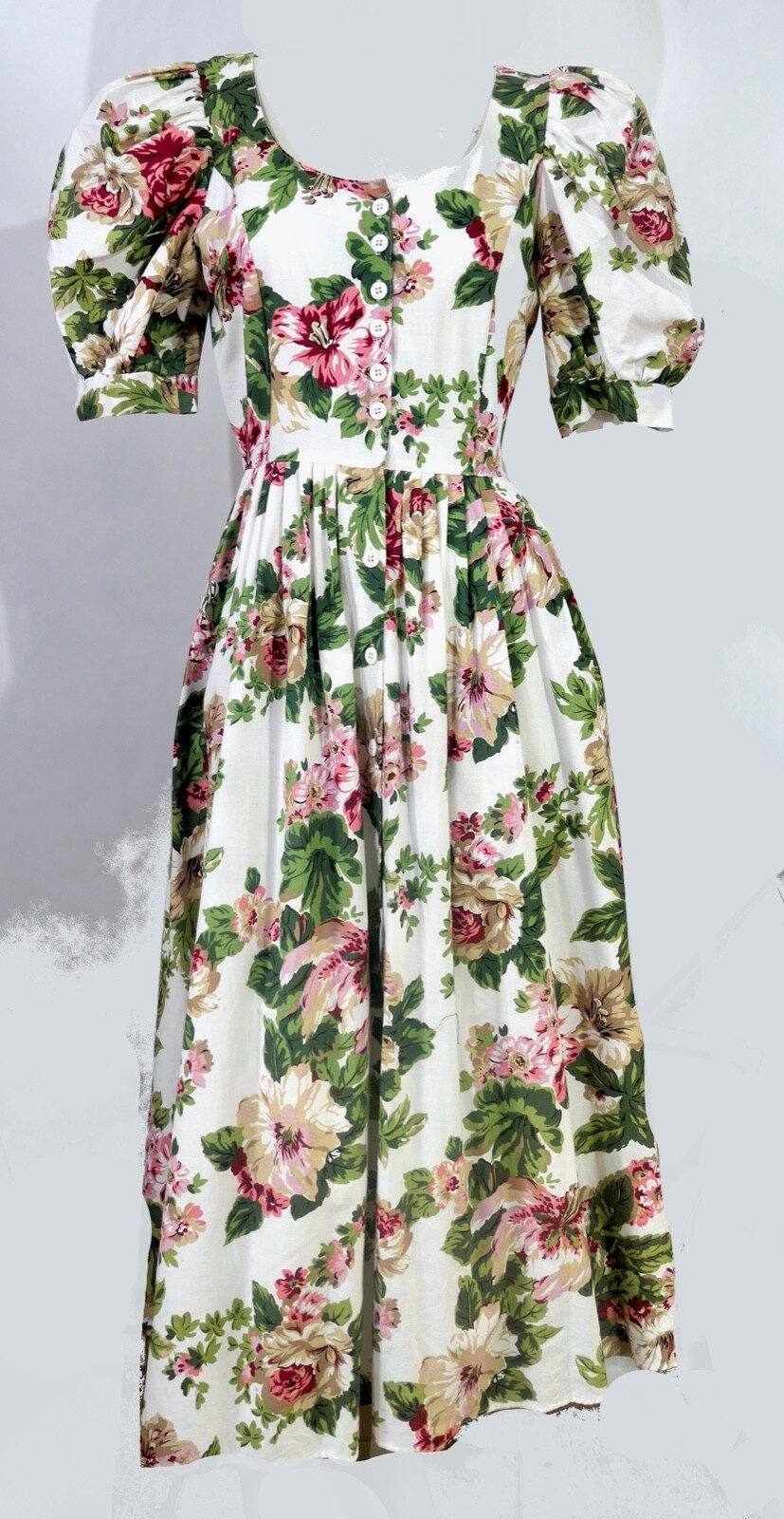 Vintage 80s Carol Anderson Rich Floral On Crisp White Puff Prairie Dress S M