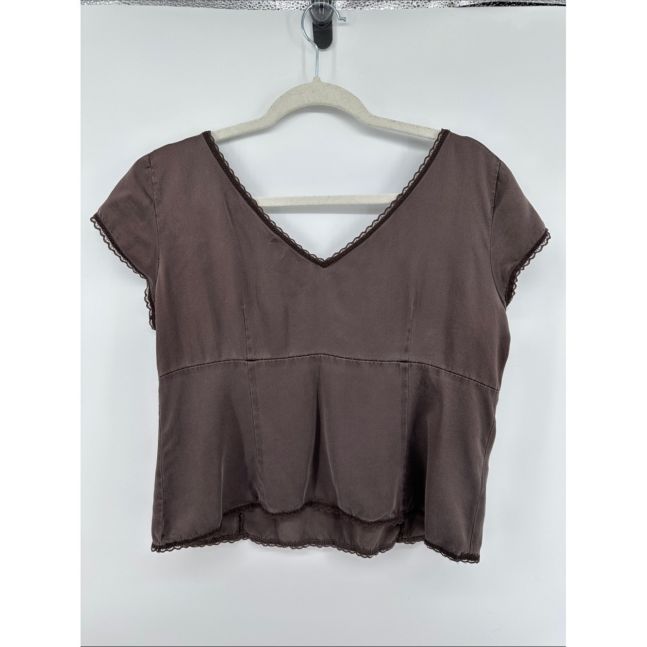 Sigrid Olsen Y2K VTG Fairycore Whimsigoth Brown V-Neck Short Sleeve Blouse Sz10P
