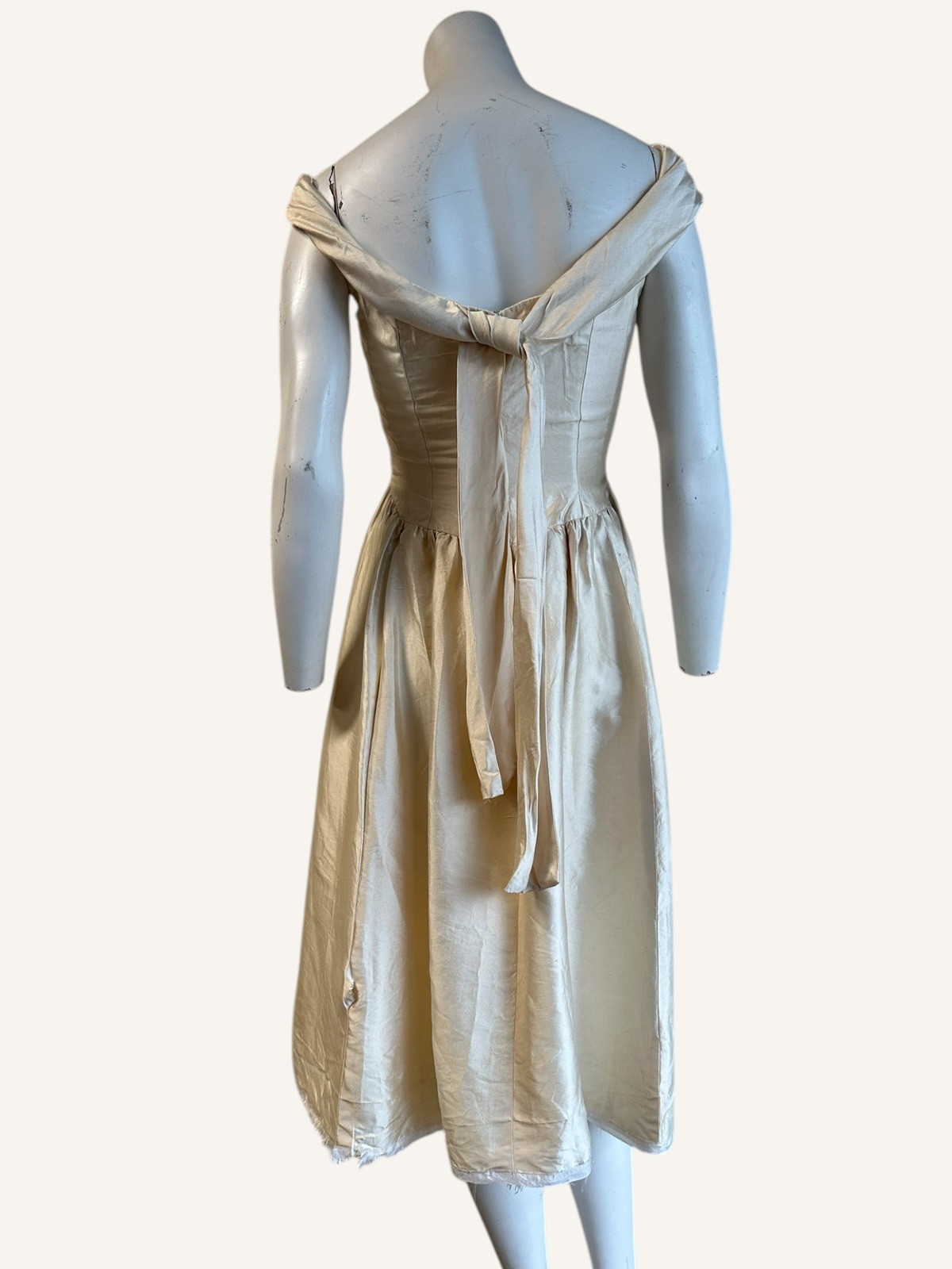 1950s Raw Silk Cream A line Evening Dress As Is Bateau Neckline Drop Waist