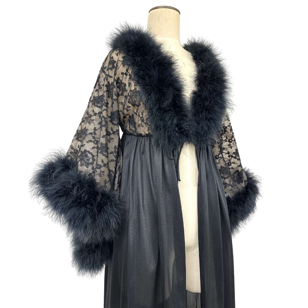 Vintage 1960s Jenelle Black Marabou Feather and Nude Illusion Lace Peignoir Robe