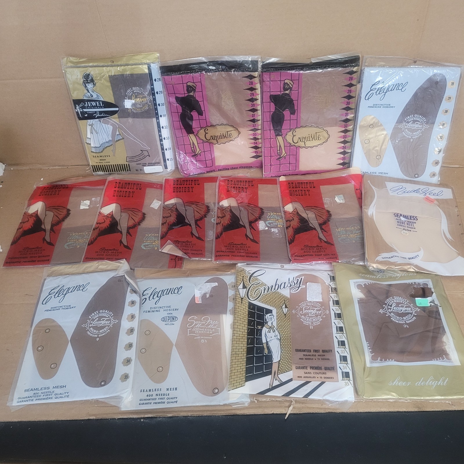 Vintage 60s ? Lot 14 Nylon Thigh High Fitted Stockings Nos Various Sizes/colors
