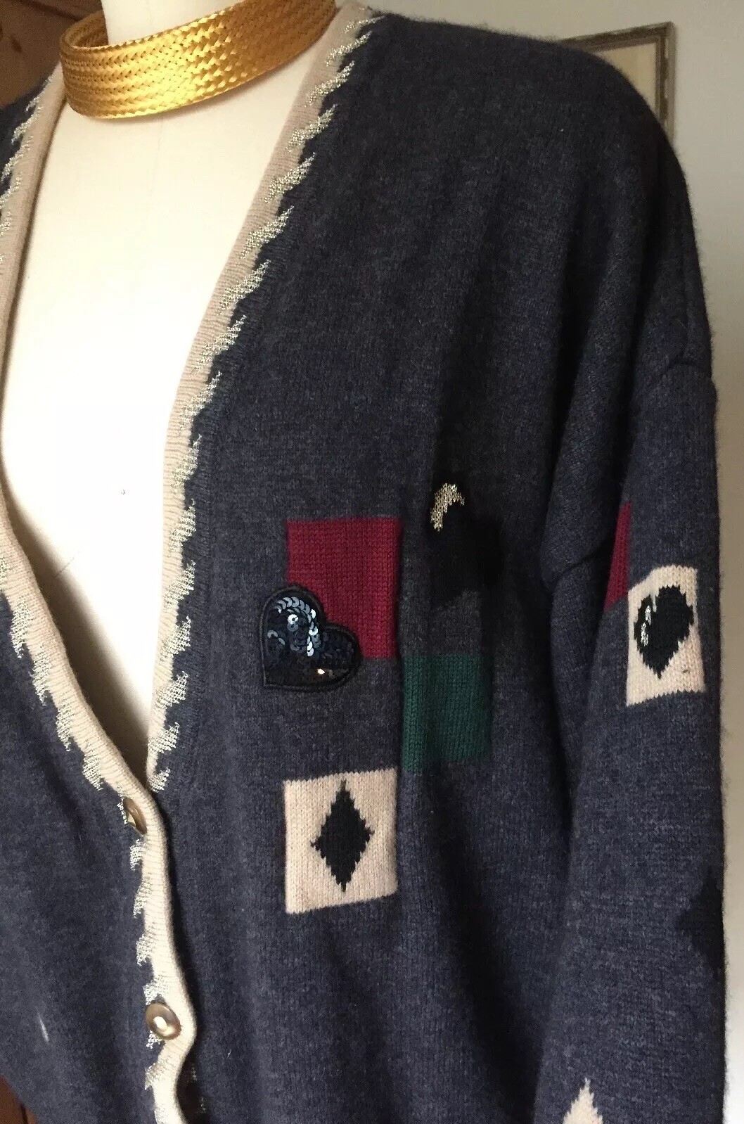 Basler Vintage Cardigan Sweater OOAK Sequin Hearts~Details Galore~ Two Ply L/XL