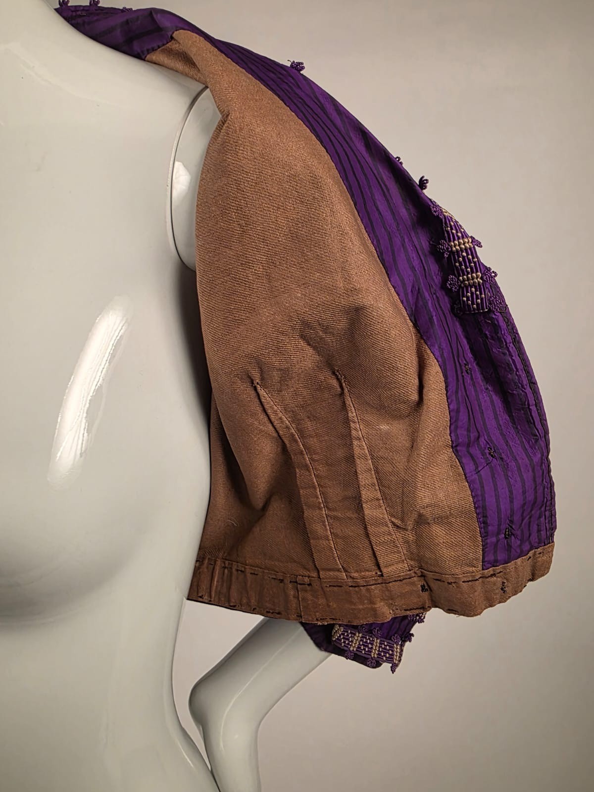 VICTORIAN PINSTRIPED PURPLE SILK TAFFETA BODICE W BRAID + BEADED BUTTONS
