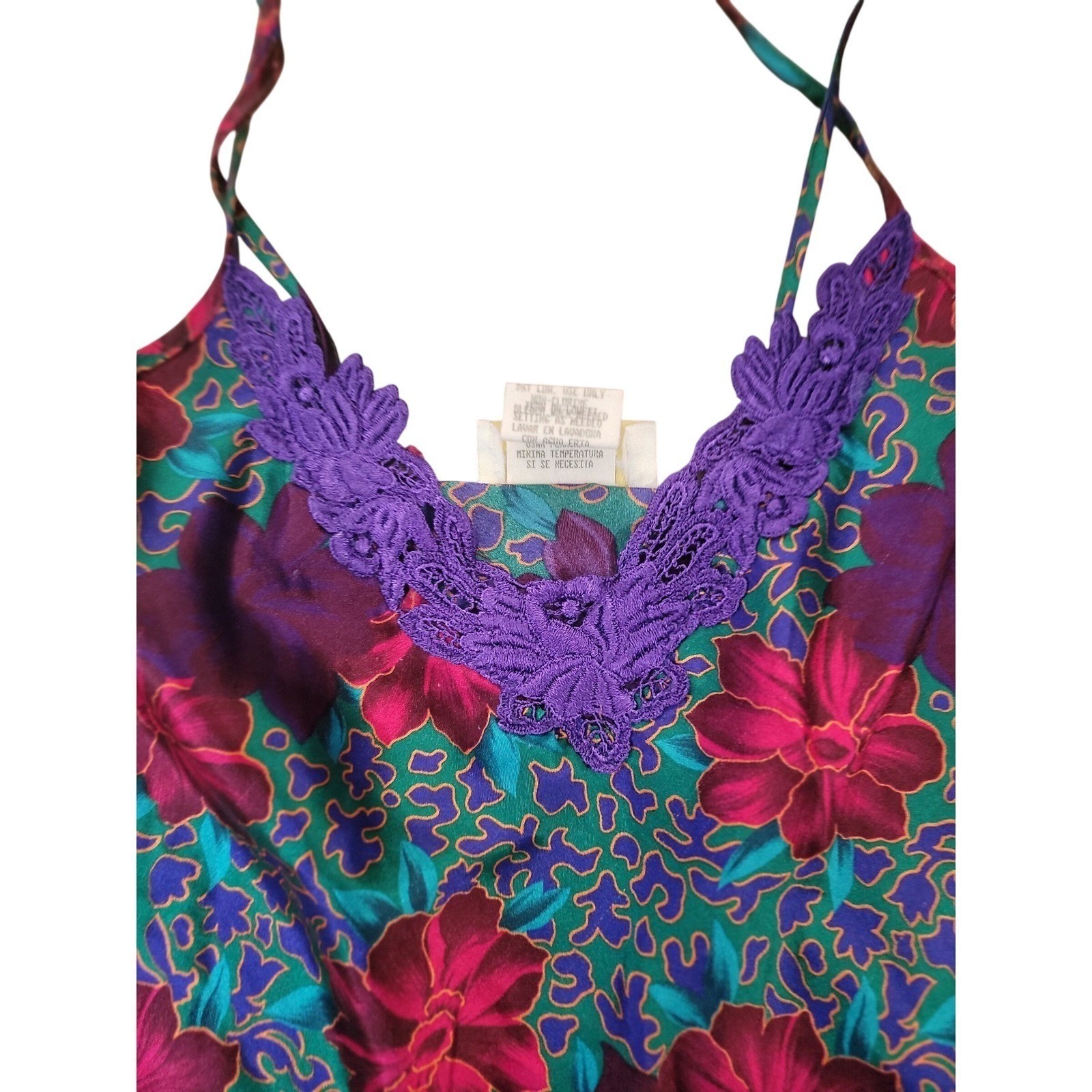 Vintage Dentelle Women Purple Floral Lace Trim Chemise Nightgown Sleepwear Small