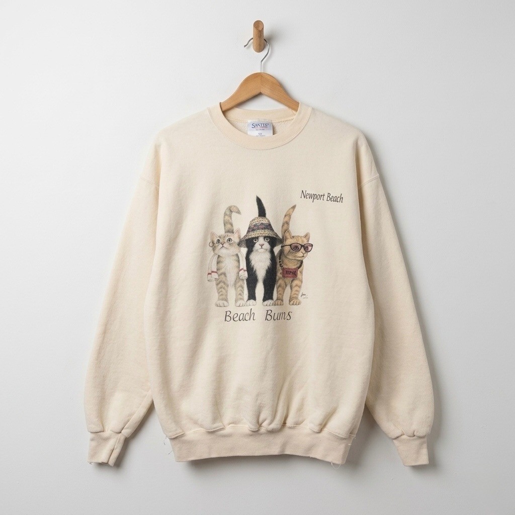 Vintage 1996 Bob Harrison Beach Bums Cats Sweatshirt XXL Newport Beach USA Cream