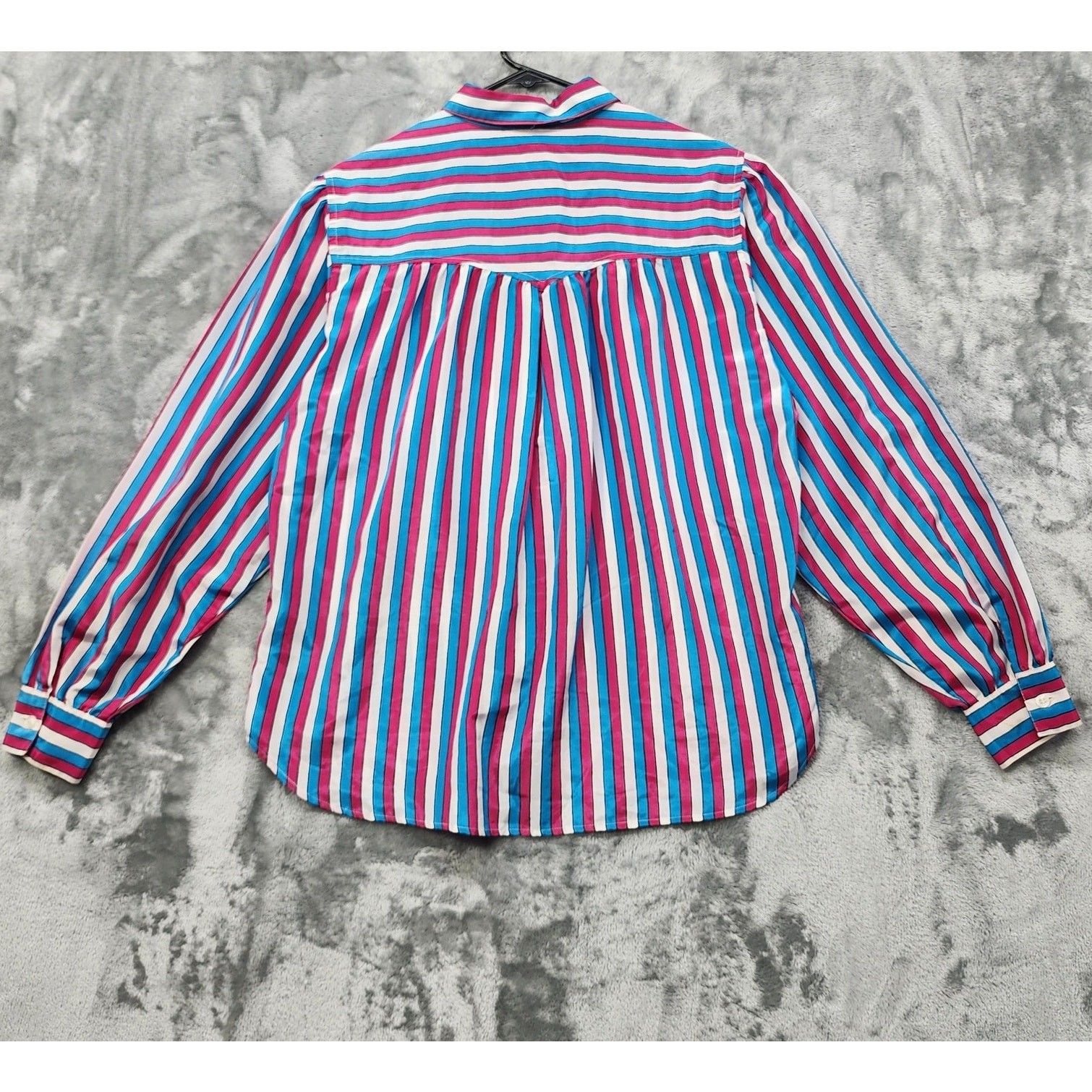 Vintage The Villager Top Womens 16 Pink Blue White Striped Tie Neck Button Front