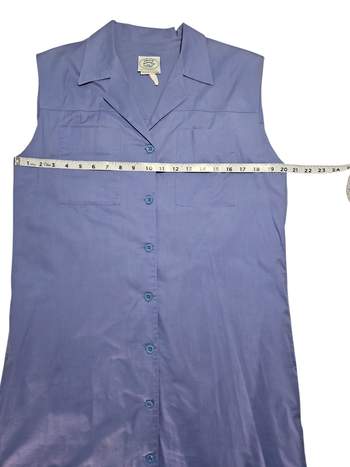 VTG Laura Ashley Sz 12 Blue Cotton Shirt Dress Midi Button Front Minimalist