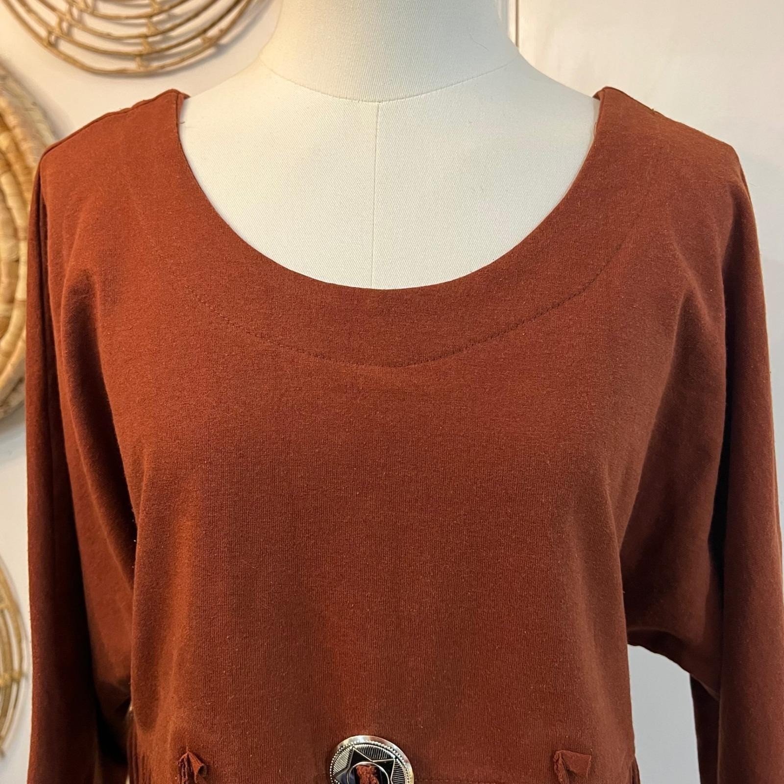 Vintage Western Fringe Tunic Top Rust Brown Boho Cowgirl Concho Size L