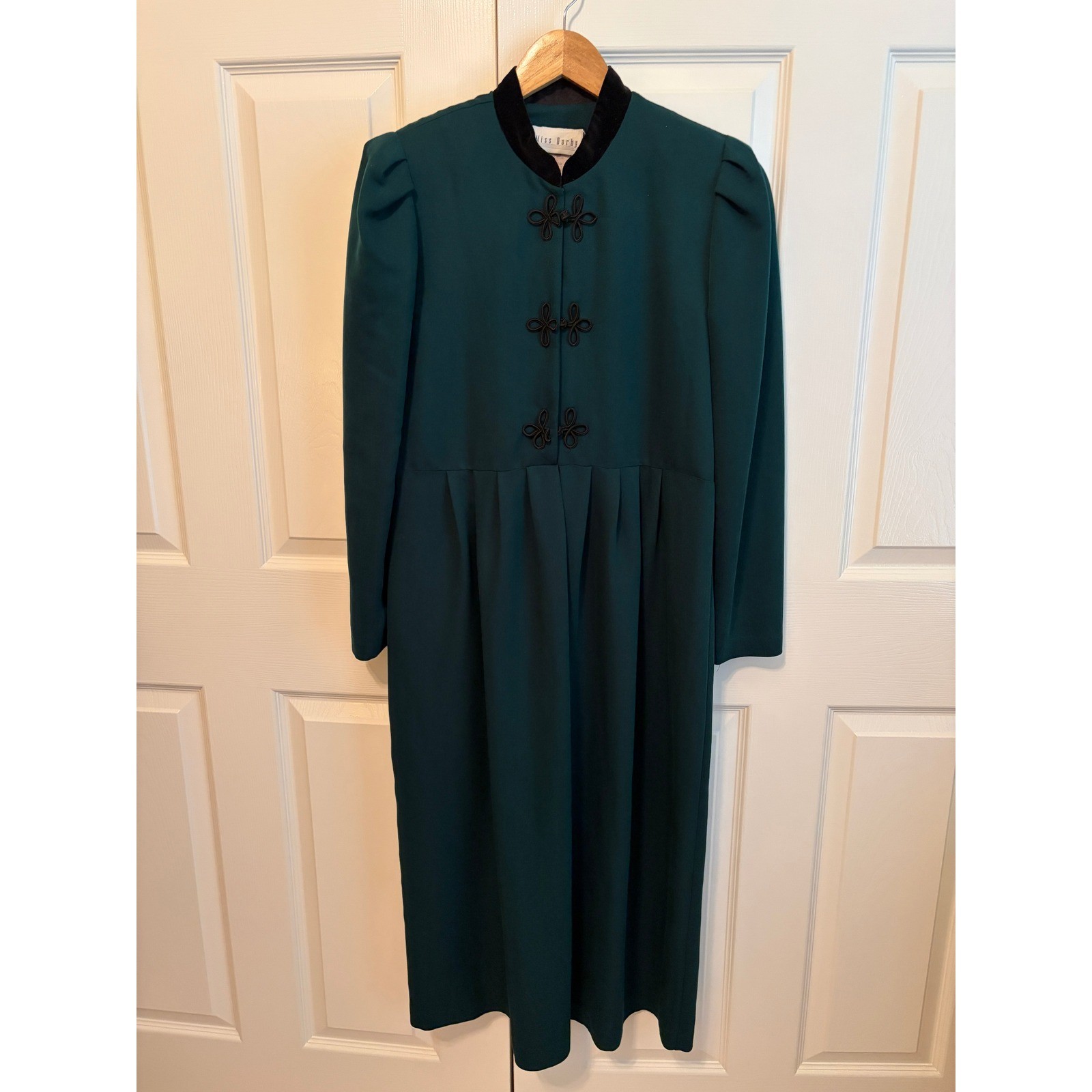 Vintage Miss Dorby Forest Green Velvet Collar Frog Closure Midi Dress Womens 8