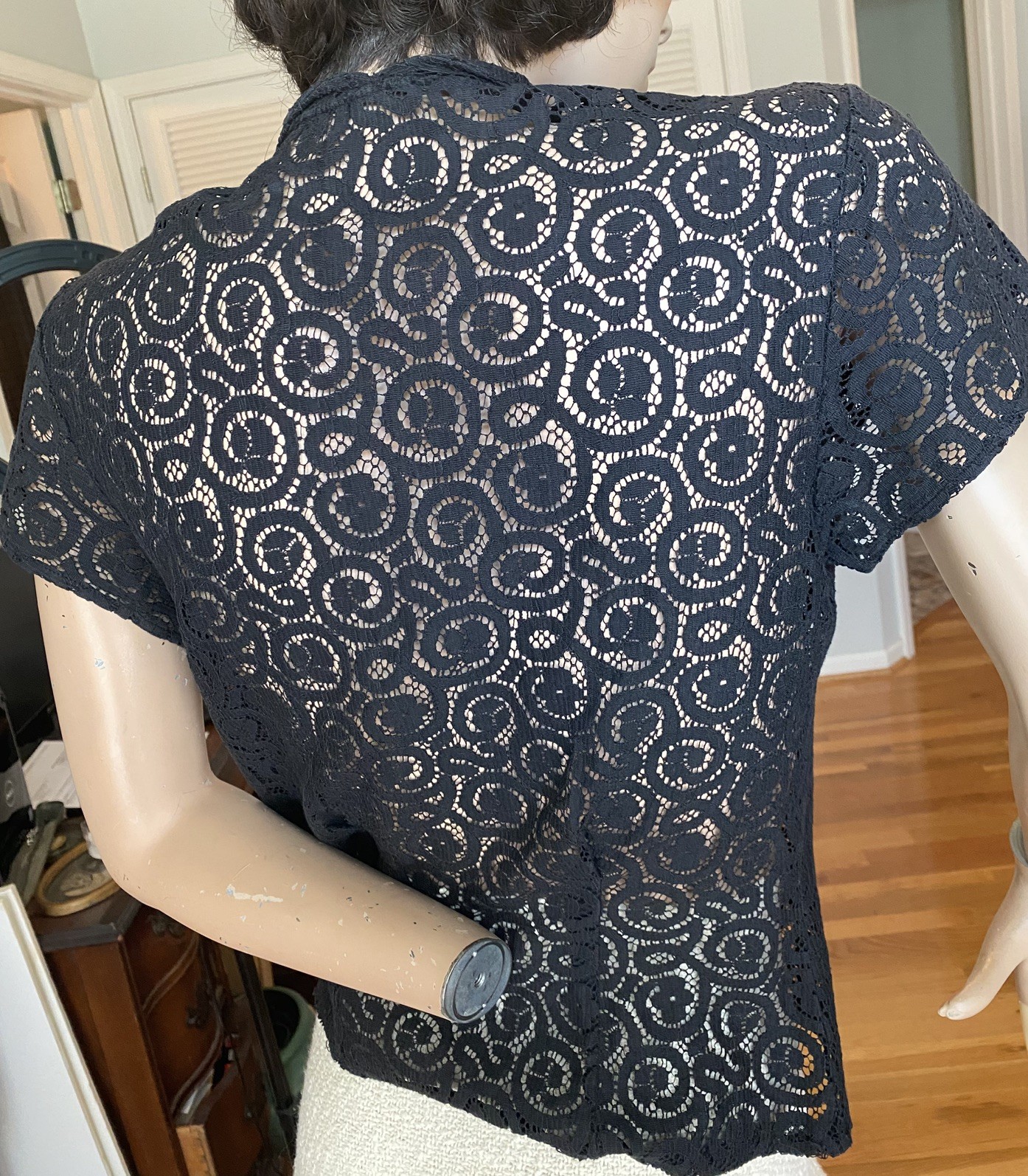 Vintage 50s black cotton lace button up blouse rhinestone buttons 36” bust