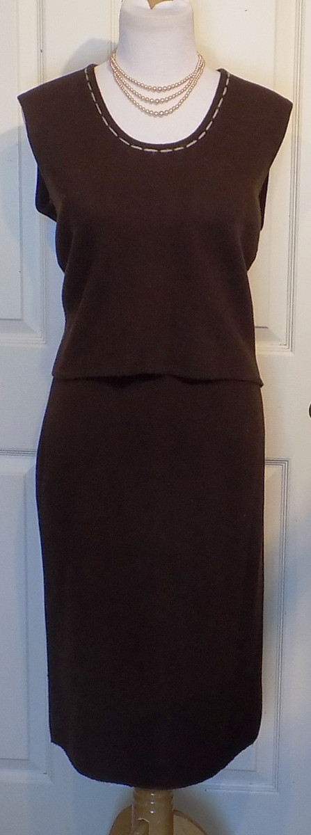 Vintage Brown Knit Sleeveless Top Matching Skirt Helen Harper B38 W30