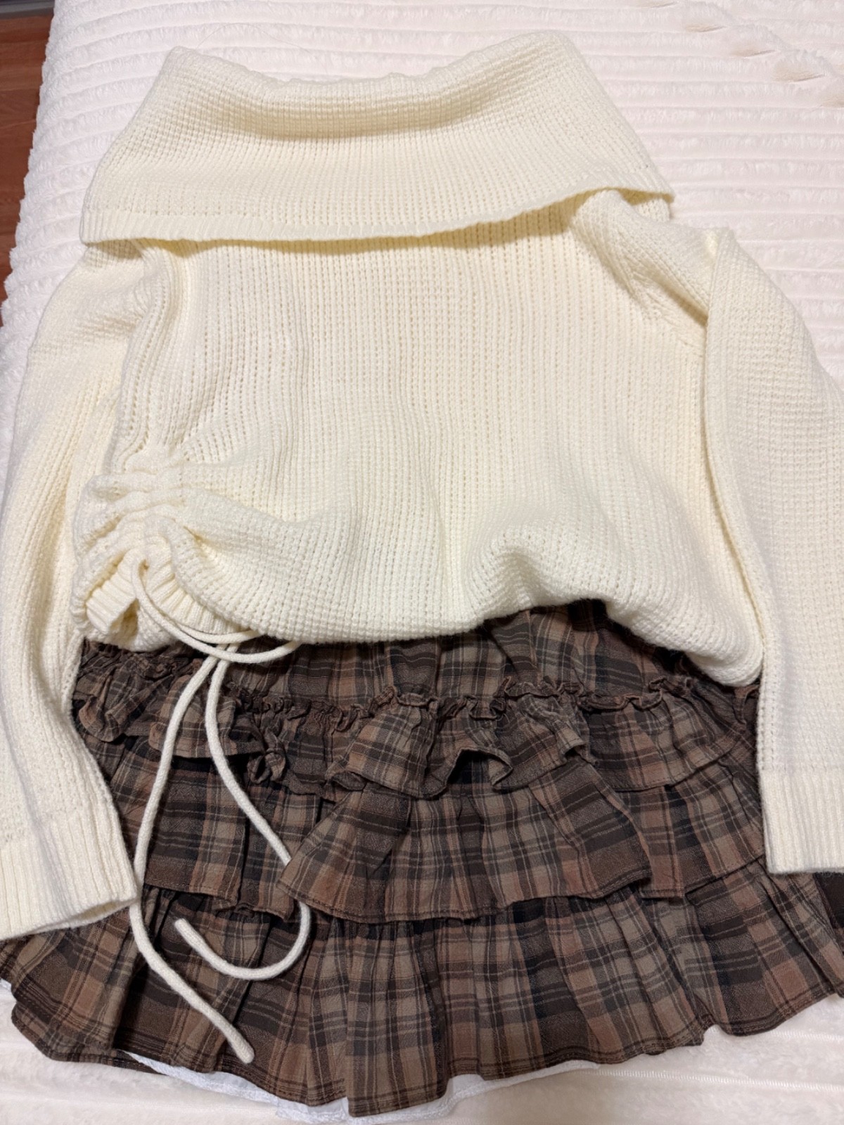 Cream Off-Shoulder Knit Sweater & Brown Plaid Ruffle Skirt Set