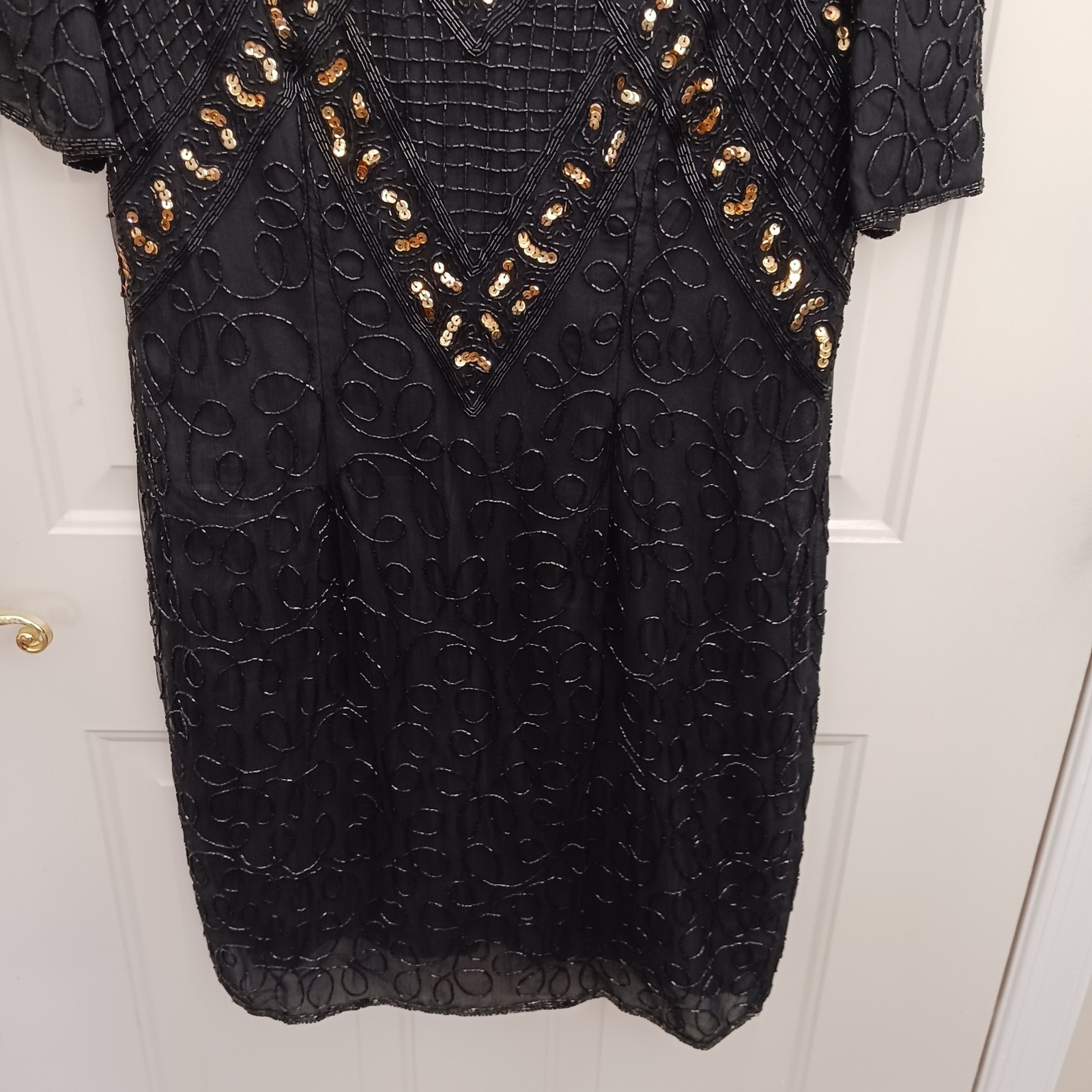 Vintage Royal Feelings Silk Beaded Sequin Dress Black Gold Cocktail Party Sz M