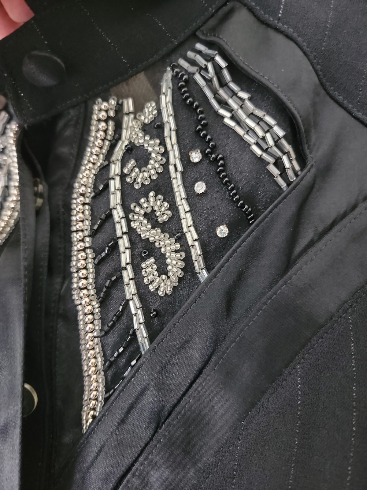 Vintage IIF Black Rhinestone Blouse Bodysuit Small Dressy Old Money Sheer Sleeve