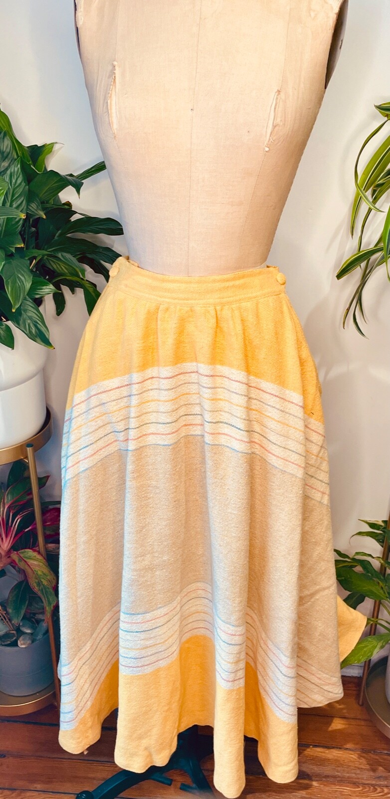 VTG 70&rsquo;S TRUDY WALKER ARTISNAL BOHO DISCO HIPPIE WOVEN YELLOW STRIPED SKIRT*S