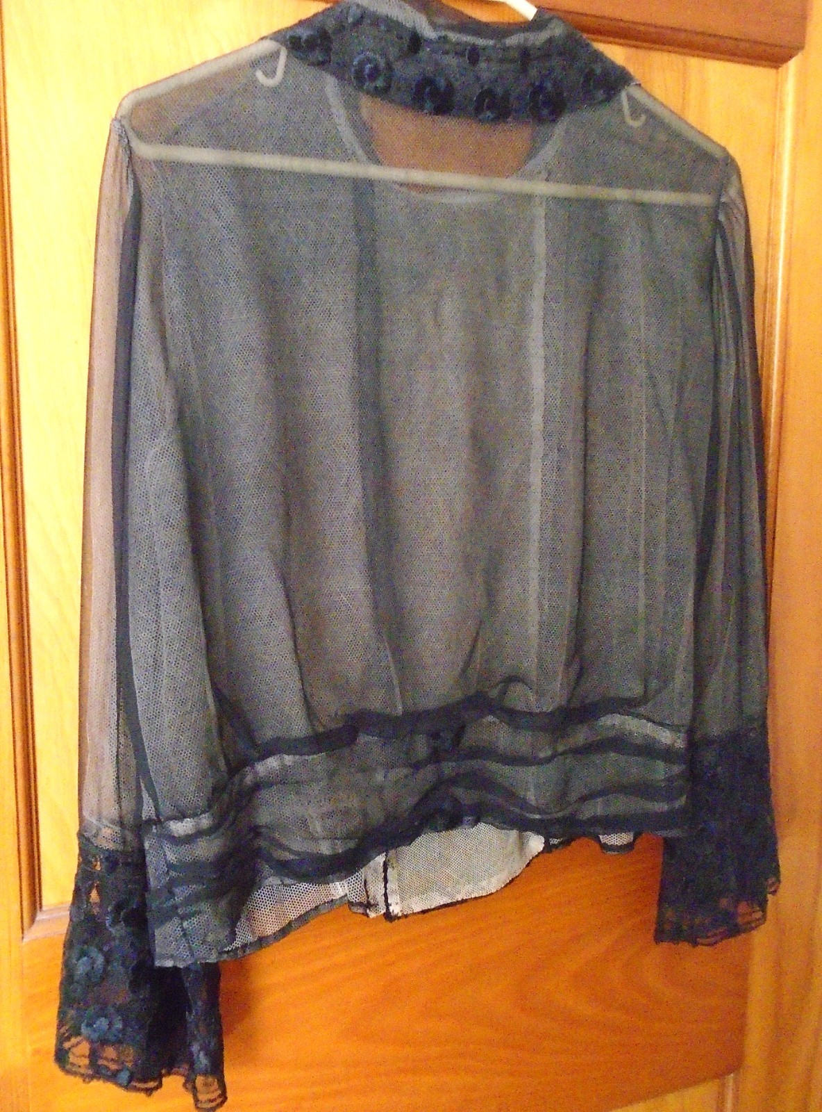 ANTIQUE 1910&rsquo;s 20&rsquo;s EDWARDIAN BLACK SHEER MESH BLOUSE LINED SOUTACH TRIM Sz S-M
