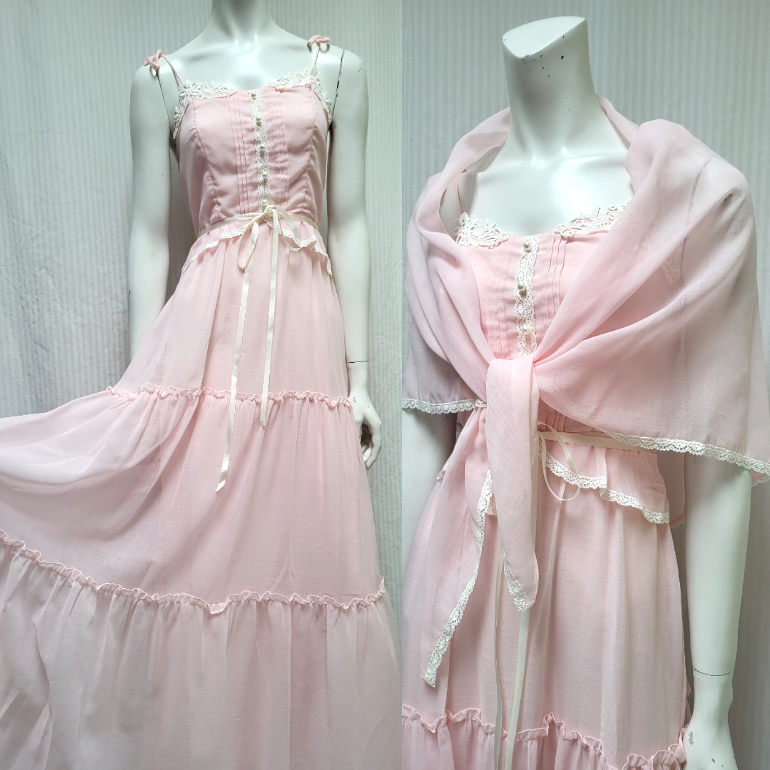 Vintage 1970s Pink Cotton Voile Tiered Boho Prairie Dress + Shawl – Size XS