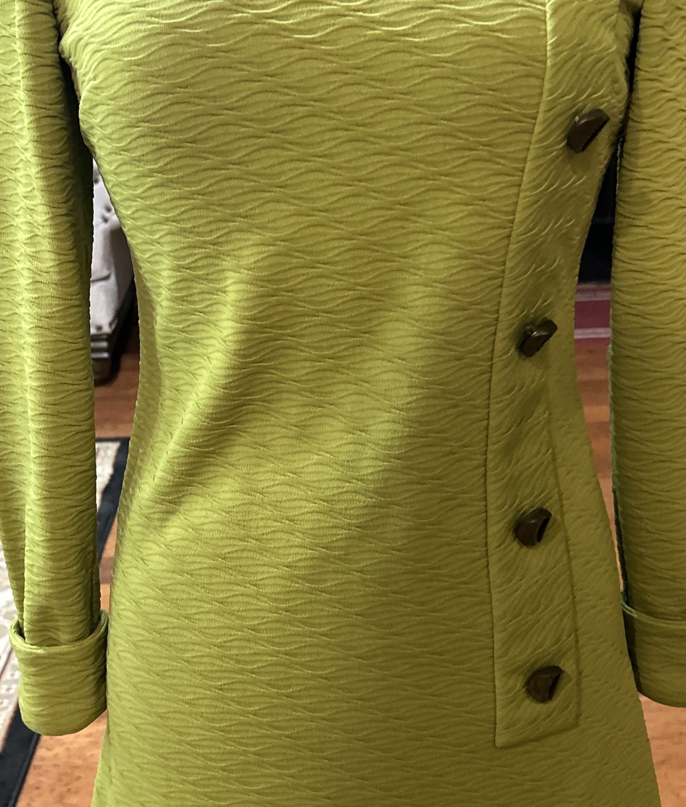 Vintage Retro Mod Dress 60s 70s Acacado Green Polyester Handmade Medium