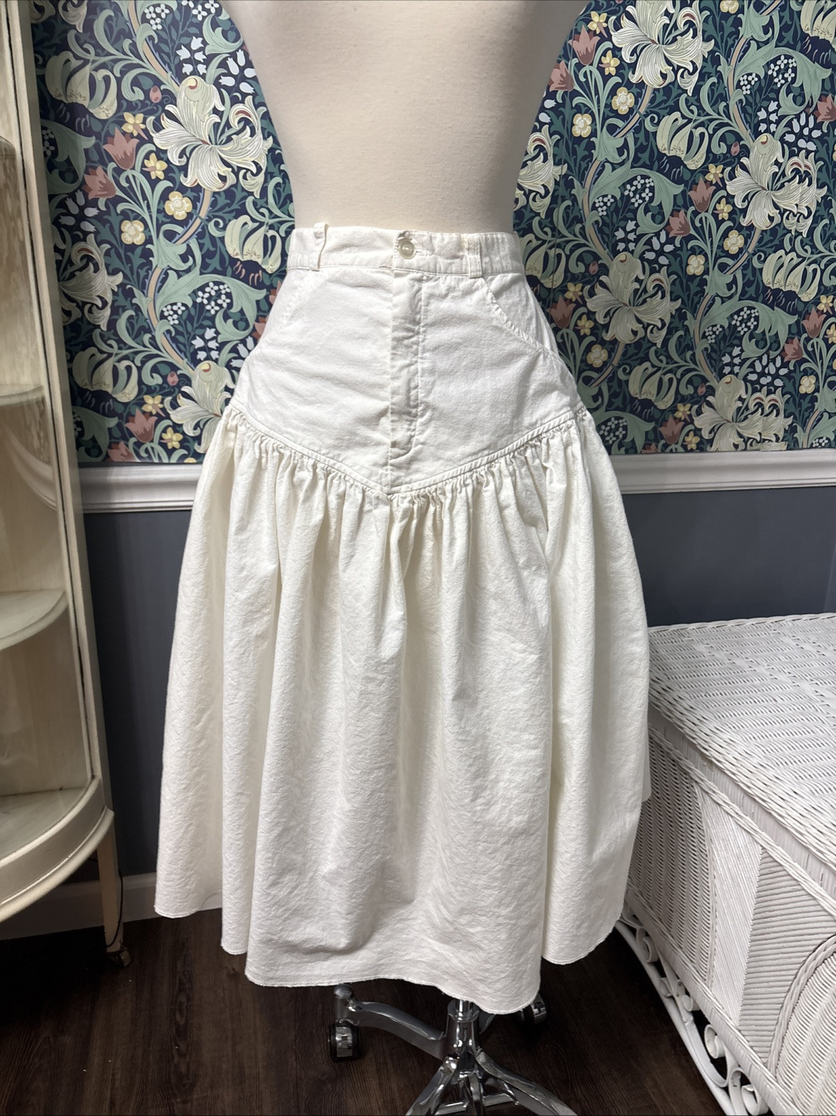 Vintage 80s White Cotton MIDI Skirt Boho Cottage Prairie Hippy USA Side Slits S