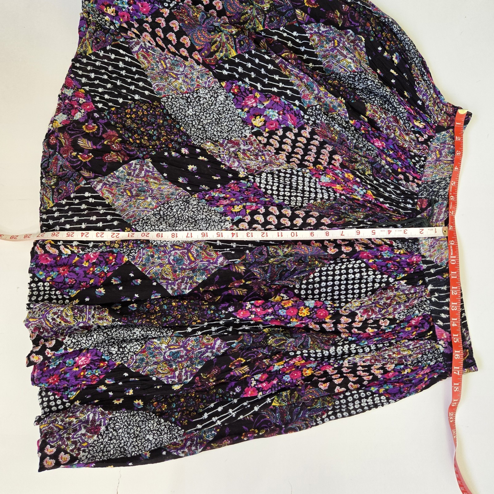 Vintage 1990s Basic Edition Floral Patchwork Skirt Black and Pink Flowy Gypsy M