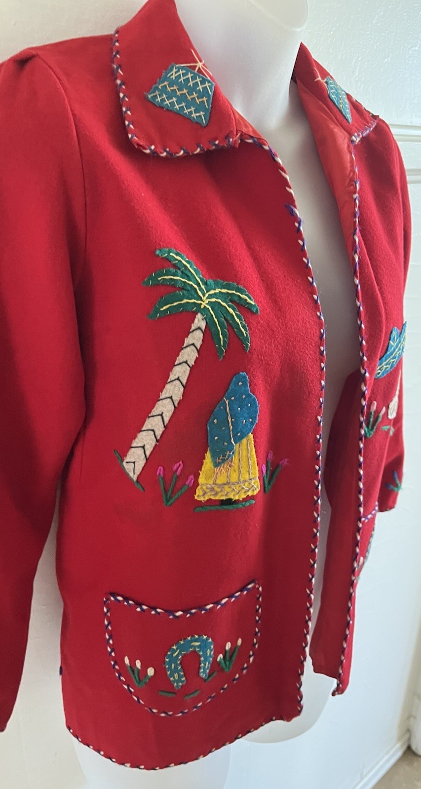 Vtg LOPEZ 1940s Mexican Wool Embroidered Tourist Jacket Bright Red-Sz XS EUC!