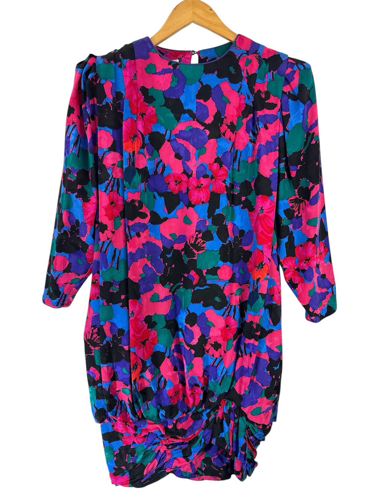 Vintage Flora Kung 100% Silk Bright Floral Dress Puff Sleeve Ruched Hem Sz 12