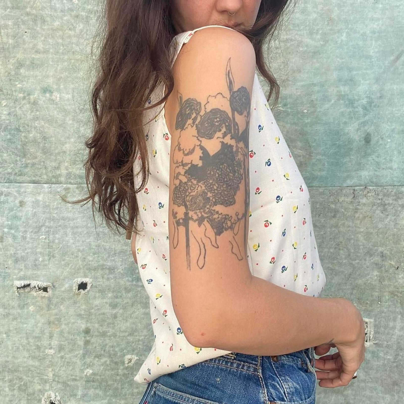 1970s cotton polyester blend floral white tank top