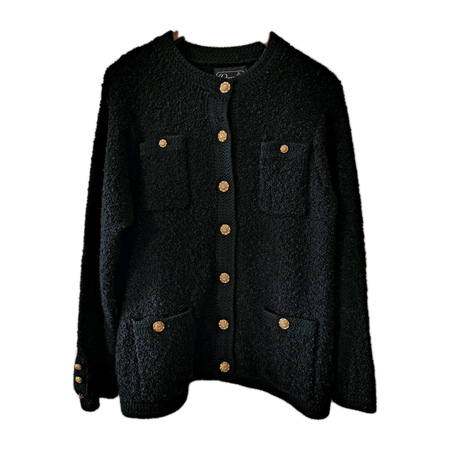 ROCHELLE CALIFORNIA VINTAGE BLACK CARDIGAN SWEATER ACRYLIC GOLD BUTTONS Lrg EUC