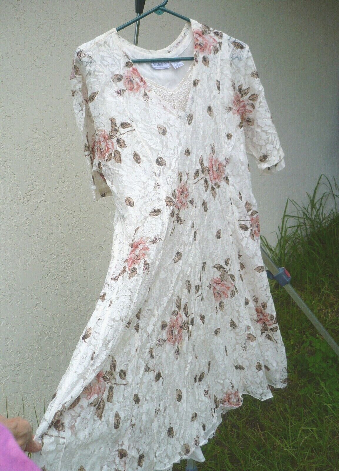 VTG 90S NOSTALGIA L IVORY COTTAGECORE DRESS ROMANTIC PINK COPPER ROSES FLORAL