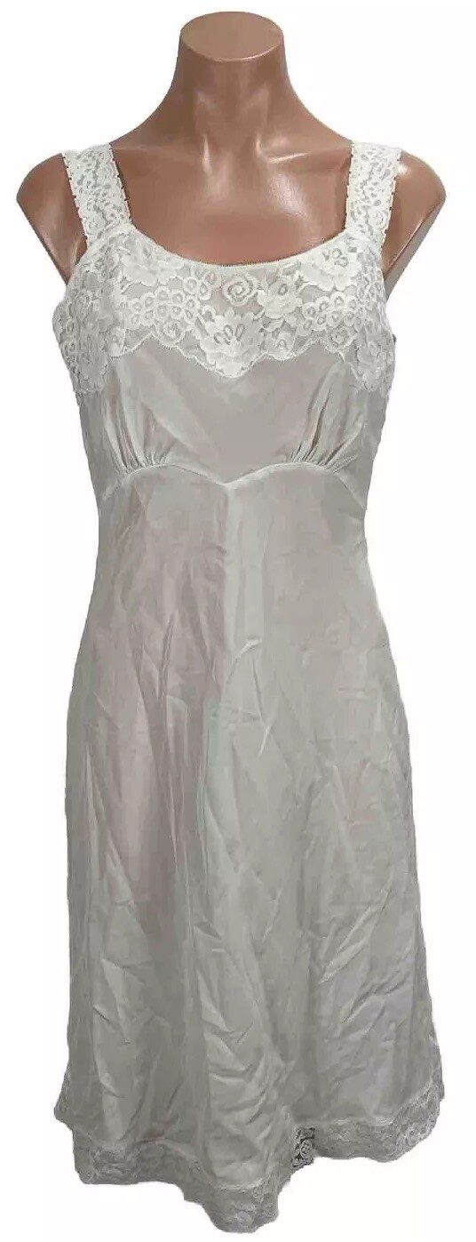 Vtg 60s Lady Lynne Full Slip White Lace Wide Strap Lingerie Nylon Blnd M/L ILGWU